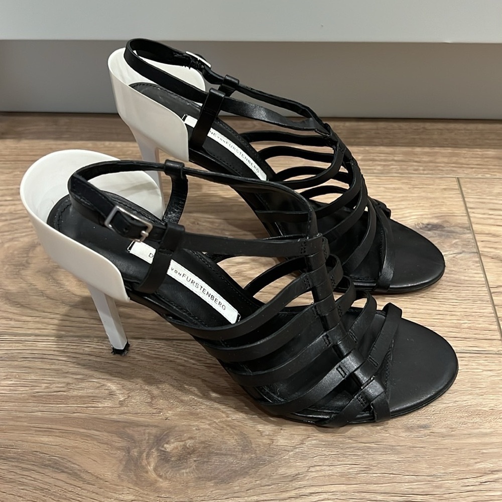 DVF Black and White Cage Heels Sandals